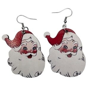 Vintage Red Retro Santa Claus Head Wooden Dangle Earrings